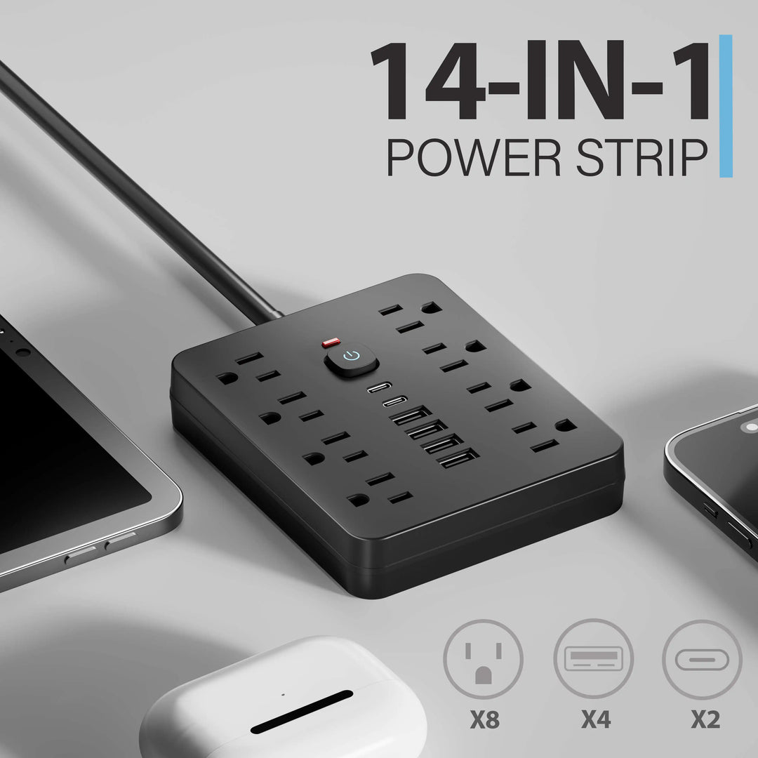 Protezione contro le sovratensioni 14 in 1, 8 AC e 4 USB, prolunga per ricarica da scrivania