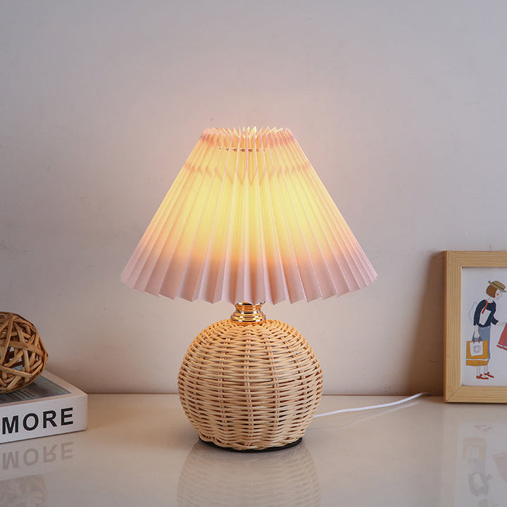 ScandiLuce: Lampada da tavolo in rattan con paralume pieghevole conico &amp; LED – per camera da letto &amp; soggiorno