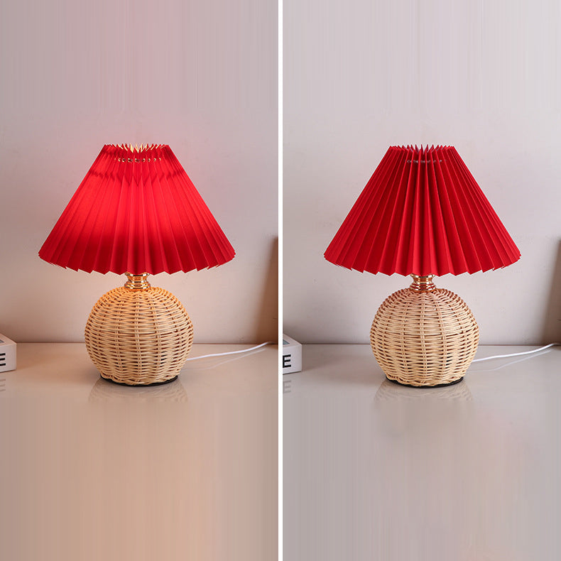 ScandiLuce: Lampada da tavolo in rattan con paralume pieghevole conico &amp; LED – per camera da letto &amp; soggiorno
