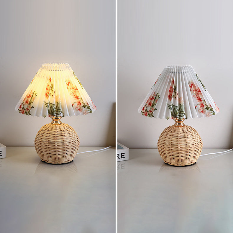 ScandiLuce: Lampada da tavolo in rattan con paralume pieghevole conico &amp; LED – per camera da letto &amp; soggiorno
