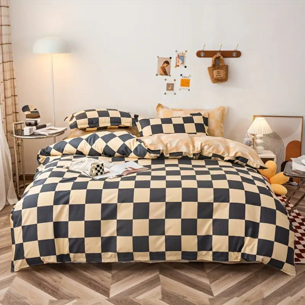 SchlossTraum: Set di copripiumino a quadri – moderno, traspirante e decorativo con motivo Nero-Crema per la camera da letto