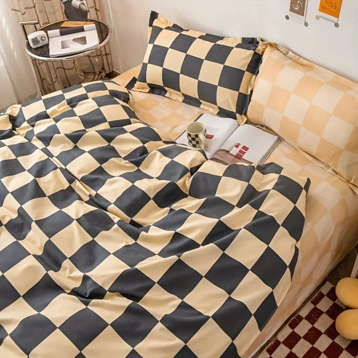 SchlossTraum: Set di copripiumino a quadri – moderno, traspirante e decorativo con motivo Nero-Crema per la camera da letto