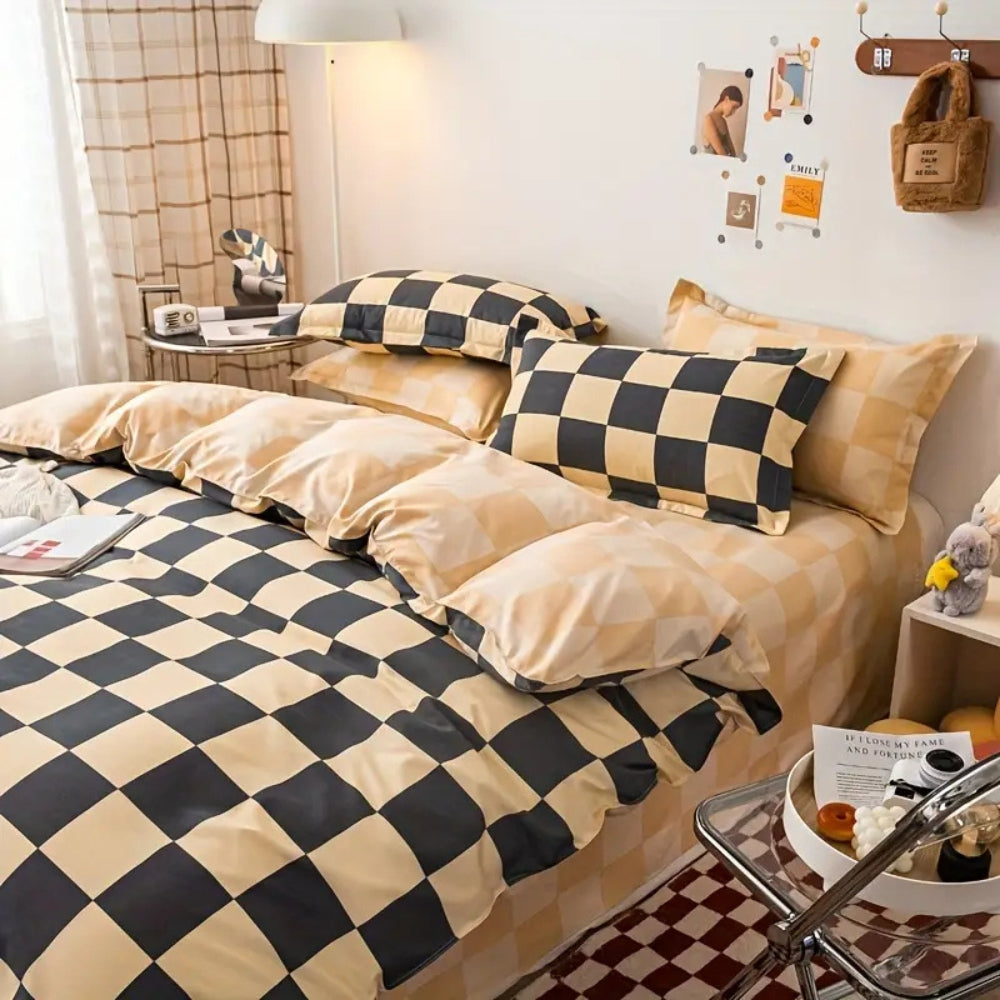 SchlossTraum: Set di copripiumino a quadri – moderno, traspirante e decorativo con motivo Nero-Crema per la camera da letto