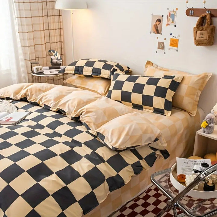 SchlossTraum: Set di copripiumino a quadri – moderno, traspirante e decorativo con motivo Nero-Crema per la camera da letto