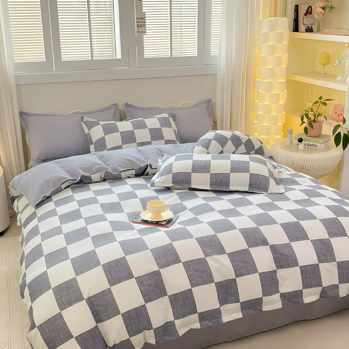 SchlossTraum: Set di copripiumino a quadri – moderno, traspirante e decorativo con motivo Nero-Crema per la camera da letto