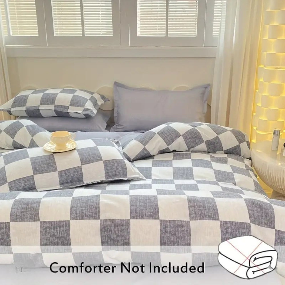 SchlossTraum: Set di copripiumino a quadri – moderno, traspirante e decorativo con motivo Nero-Crema per la camera da letto