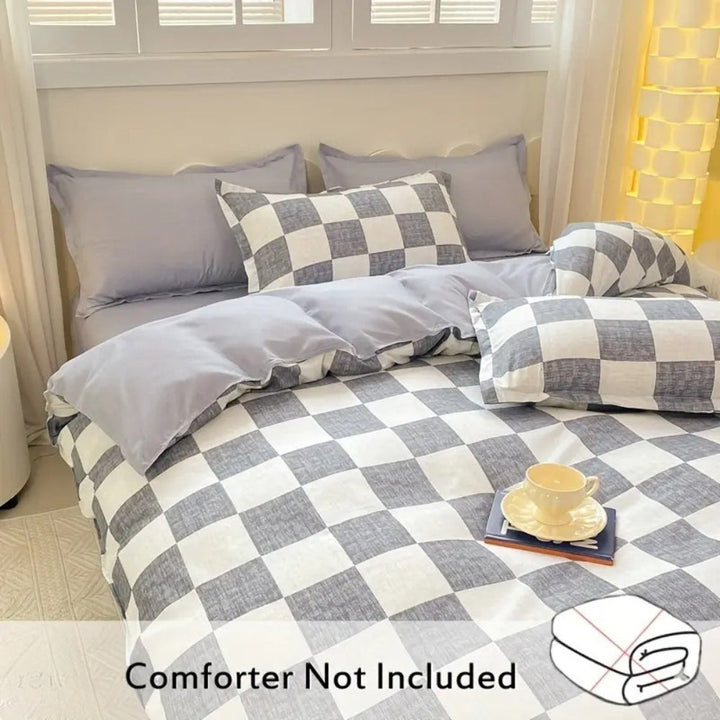 SchlossTraum: Set di copripiumino a quadri – moderno, traspirante e decorativo con motivo Nero-Crema per la camera da letto