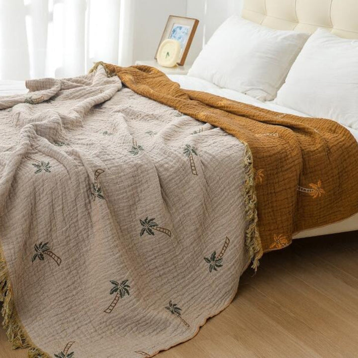 SolTropica: Coperte in cotone con design tropicale a palme e struttura reversibile con frange decorative – per divano e camera da letto