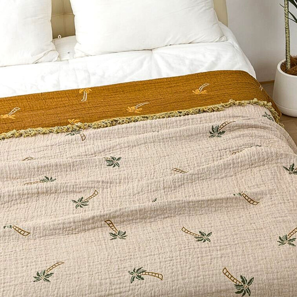SolTropica: Coperte in cotone con design tropicale a palme e struttura reversibile con frange decorative – per divano e camera da letto