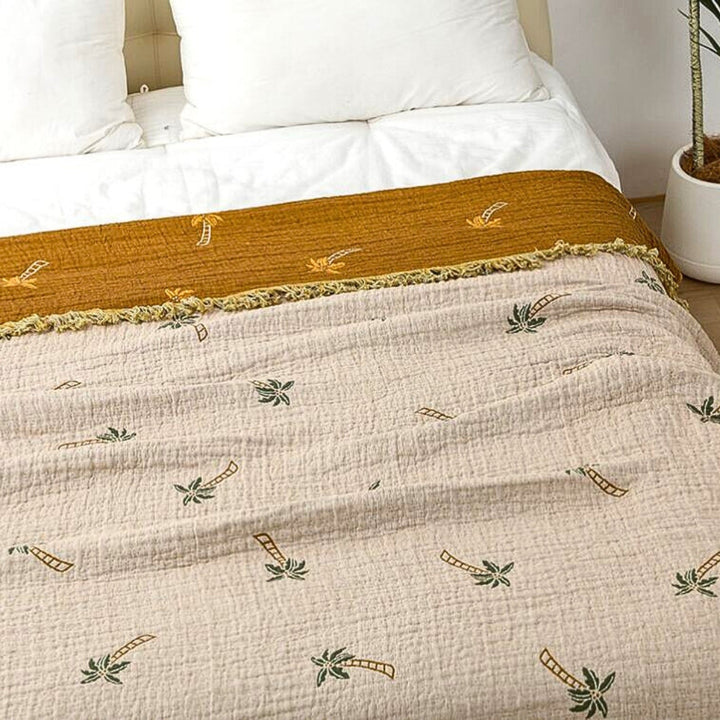 SolTropica: Coperte in cotone con design tropicale a palme e struttura reversibile con frange decorative – per divano e camera da letto
