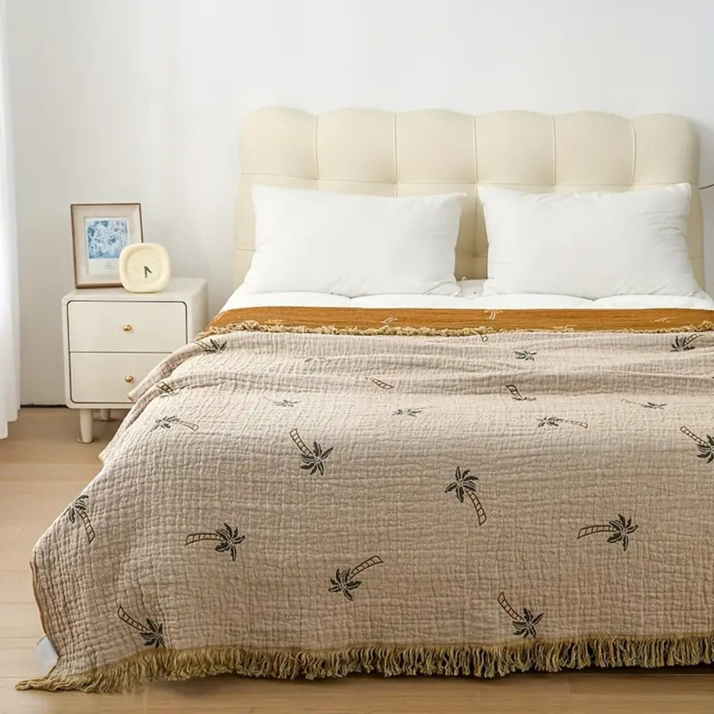 SolTropica: Coperte in cotone con design tropicale a palme e struttura reversibile con frange decorative – per divano e camera da letto