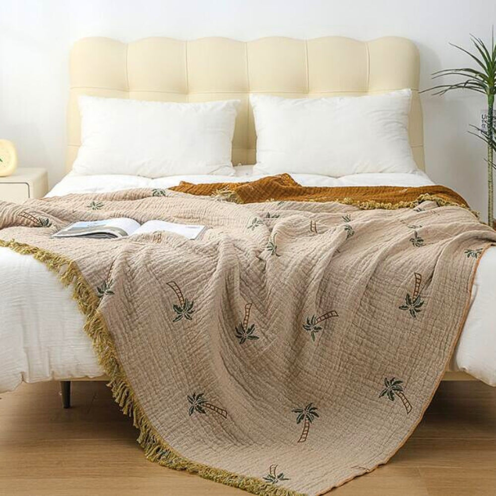 SolTropica: Coperte in cotone con design tropicale a palme e struttura reversibile con frange decorative – per divano e camera da letto