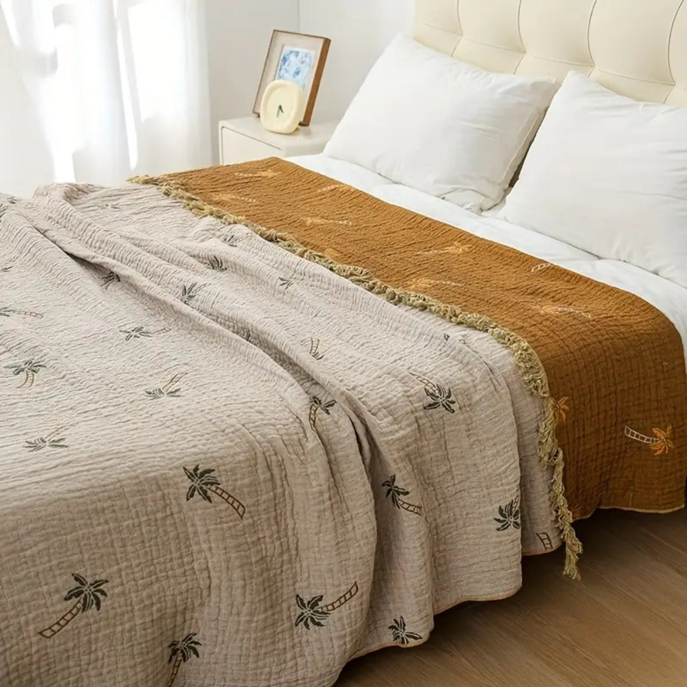 SolTropica: Coperte in cotone con design tropicale a palme e struttura reversibile con frange decorative – per divano e camera da letto