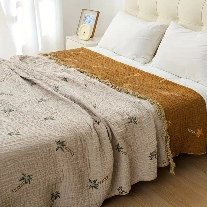 SolTropica: Coperte in cotone con design tropicale a palme e struttura reversibile con frange decorative – per divano e camera da letto