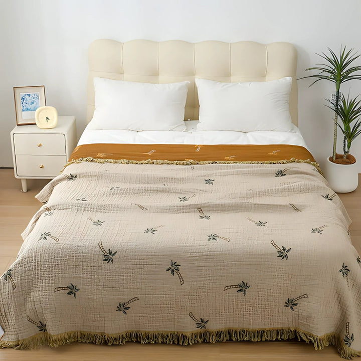 SolTropica: Coperte in cotone con design tropicale a palme e struttura reversibile con frange decorative – per divano e camera da letto