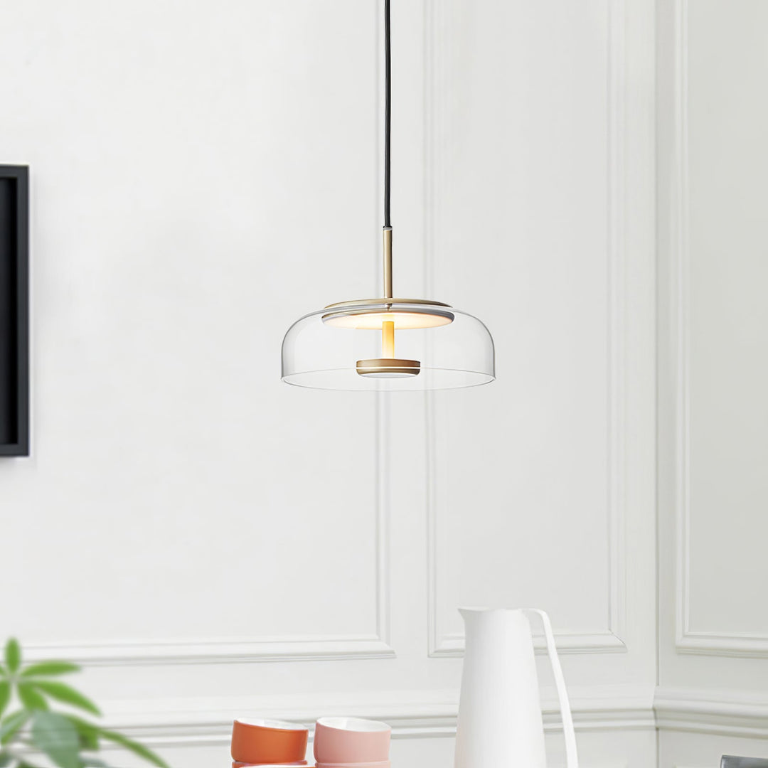 Solara: Lampadario in ottone e vetro con LED integrato – per sala da pranzo e soggiorno