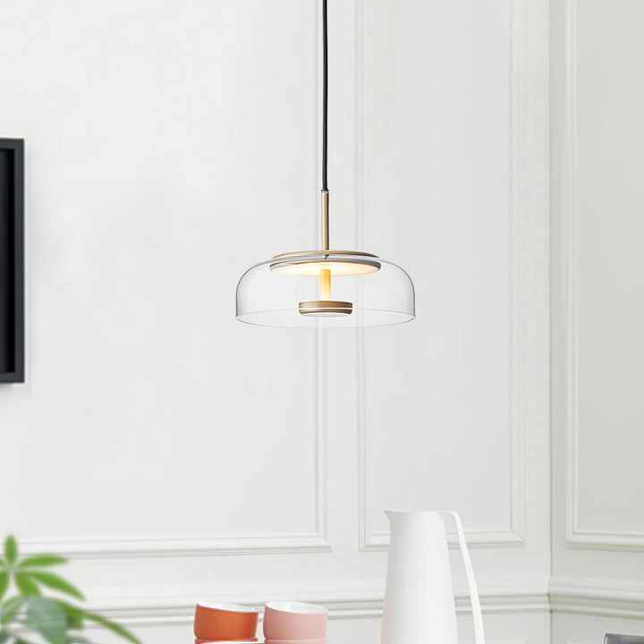 Solara: Lampadario in ottone e vetro con LED integrato – per sala da pranzo e soggiorno