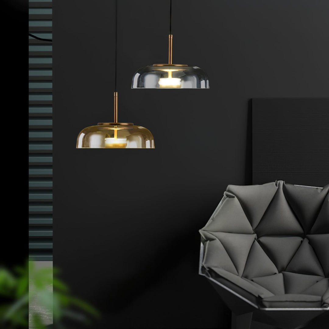 Solara: Lampadario in ottone e vetro con LED integrato – per sala da pranzo e soggiorno