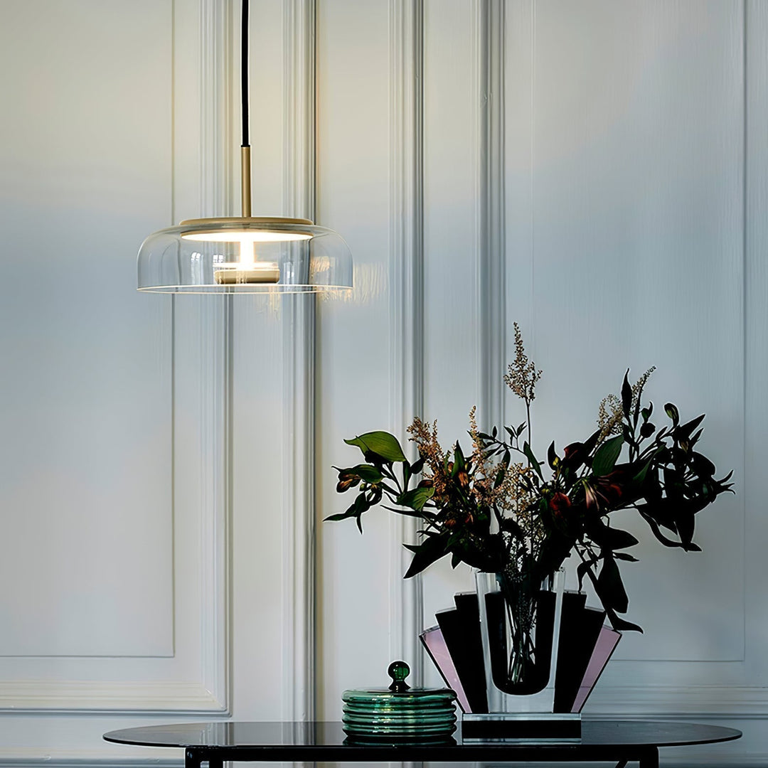 Solara: Lampadario in ottone e vetro con LED integrato – per sala da pranzo e soggiorno