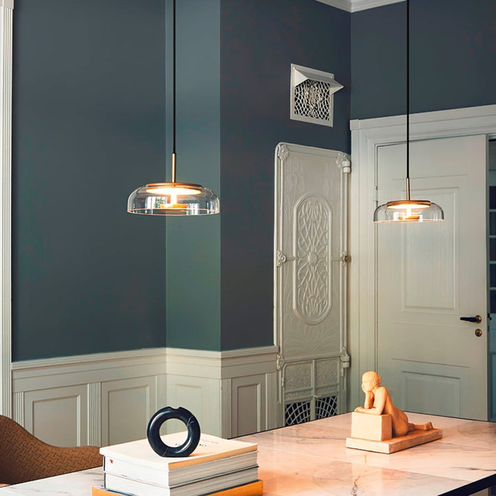 Solara: Lampadario in ottone e vetro con LED integrato – per sala da pranzo e soggiorno