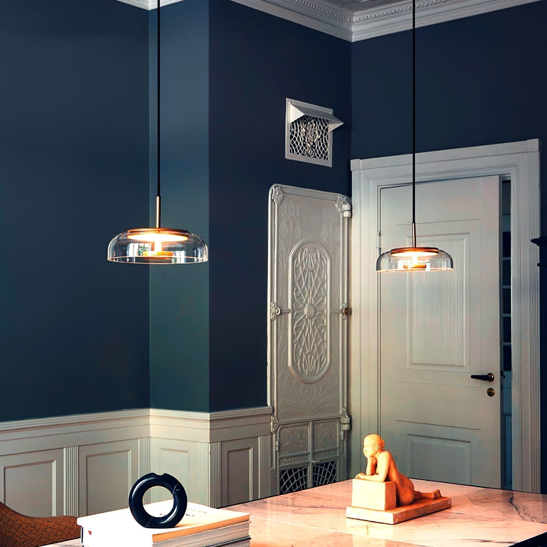 Solara: Lampadario in ottone e vetro con LED integrato – per sala da pranzo e soggiorno