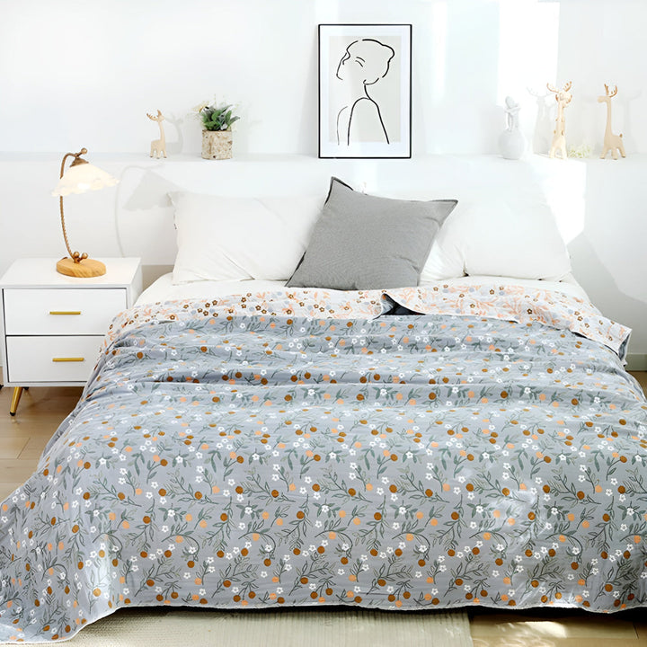 SommerBlatt: Coperte in cotone a quattro strati con stampa floreale e fogliosa – per camera da letto e divano