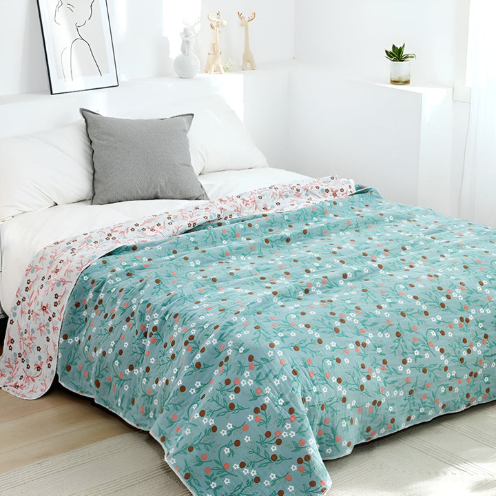SommerBlatt: Coperte in cotone a quattro strati con stampa floreale e fogliosa – per camera da letto e divano