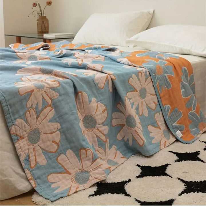 SommerWiese: Morbida coperta in cotone con stampa di margherite e garza a 4 strati – per divano e letto