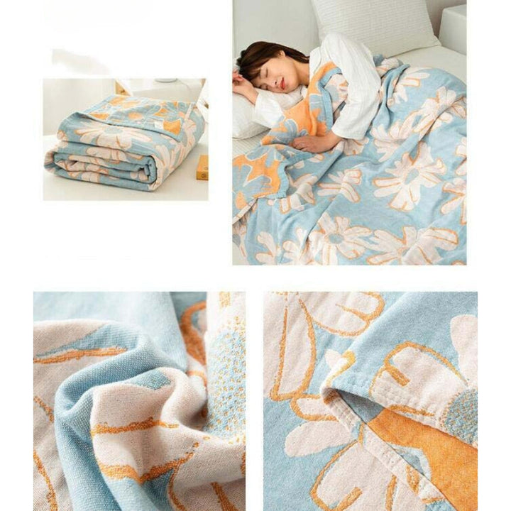 SommerWiese: Morbida coperta in cotone con stampa di margherite e garza a 4 strati – per divano e letto