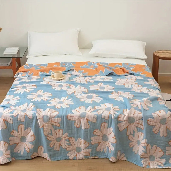 SommerWiese: Morbida coperta in cotone con stampa di margherite e garza a 4 strati – per divano e letto