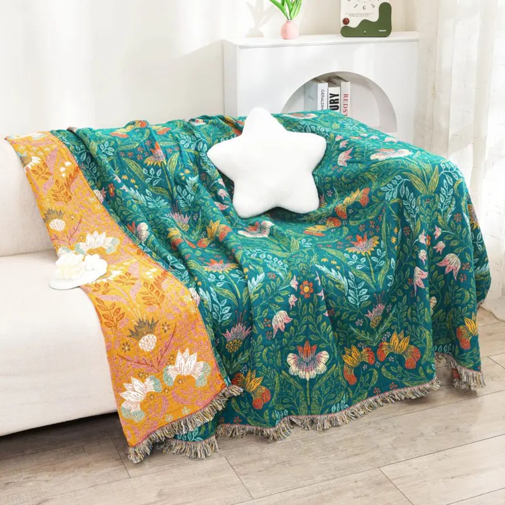 Foresta al Tramonto: Coperta in Cotone Reversibile con Motivo Botanico e Frange Decorative – per Divano e Camera da Letto