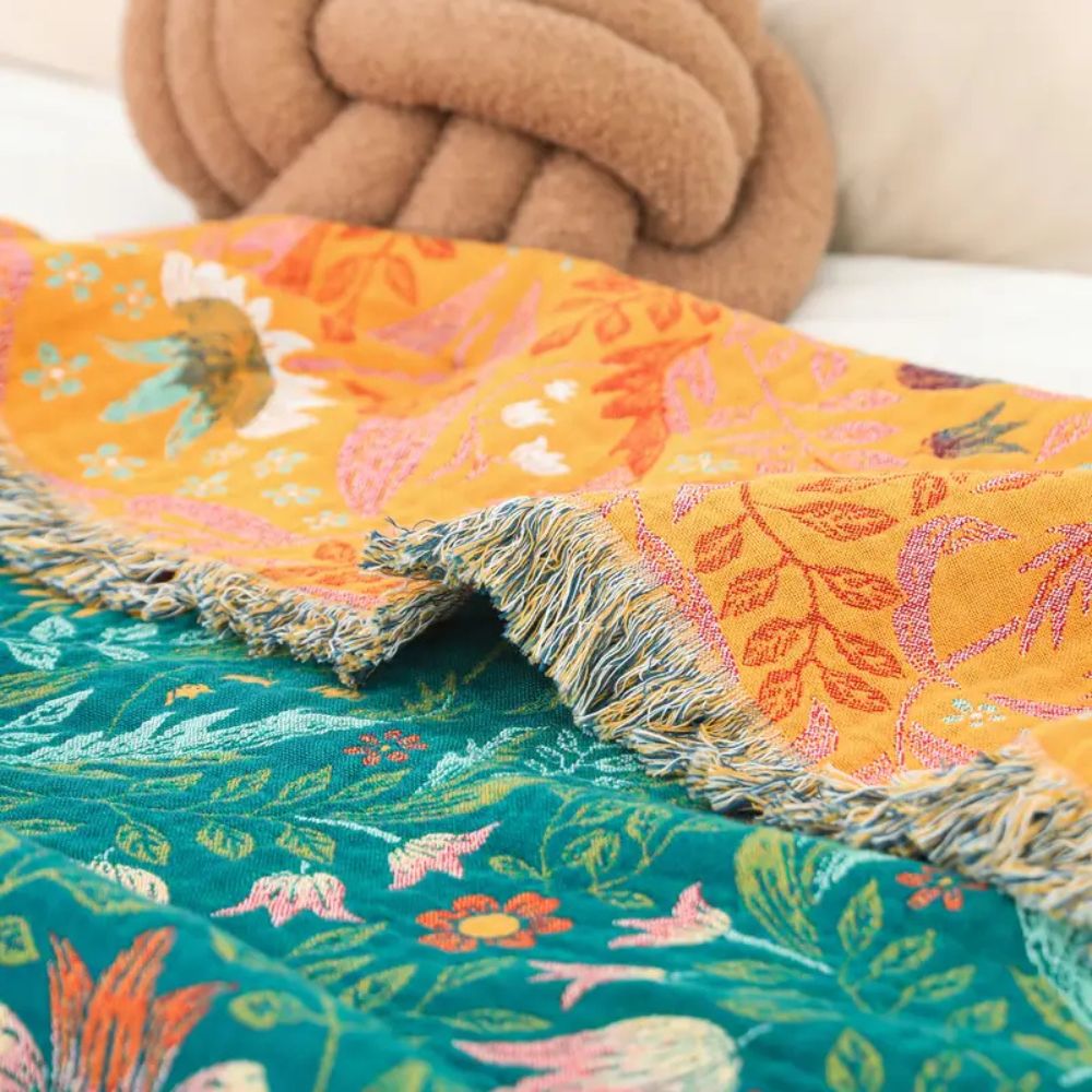 Foresta al Tramonto: Coperta in Cotone Reversibile con Motivo Botanico e Frange Decorative – per Divano e Camera da Letto
