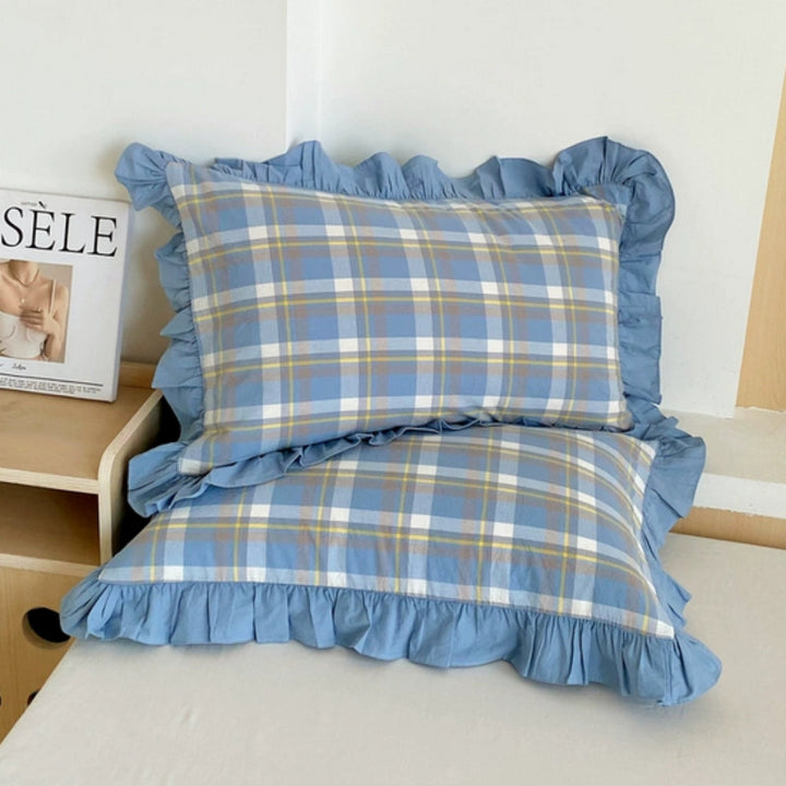 SpitzeLuxe: Fodera per cuscino con volant e pizzo in stile classico a righe – elegante e resistente (confezione da 2)