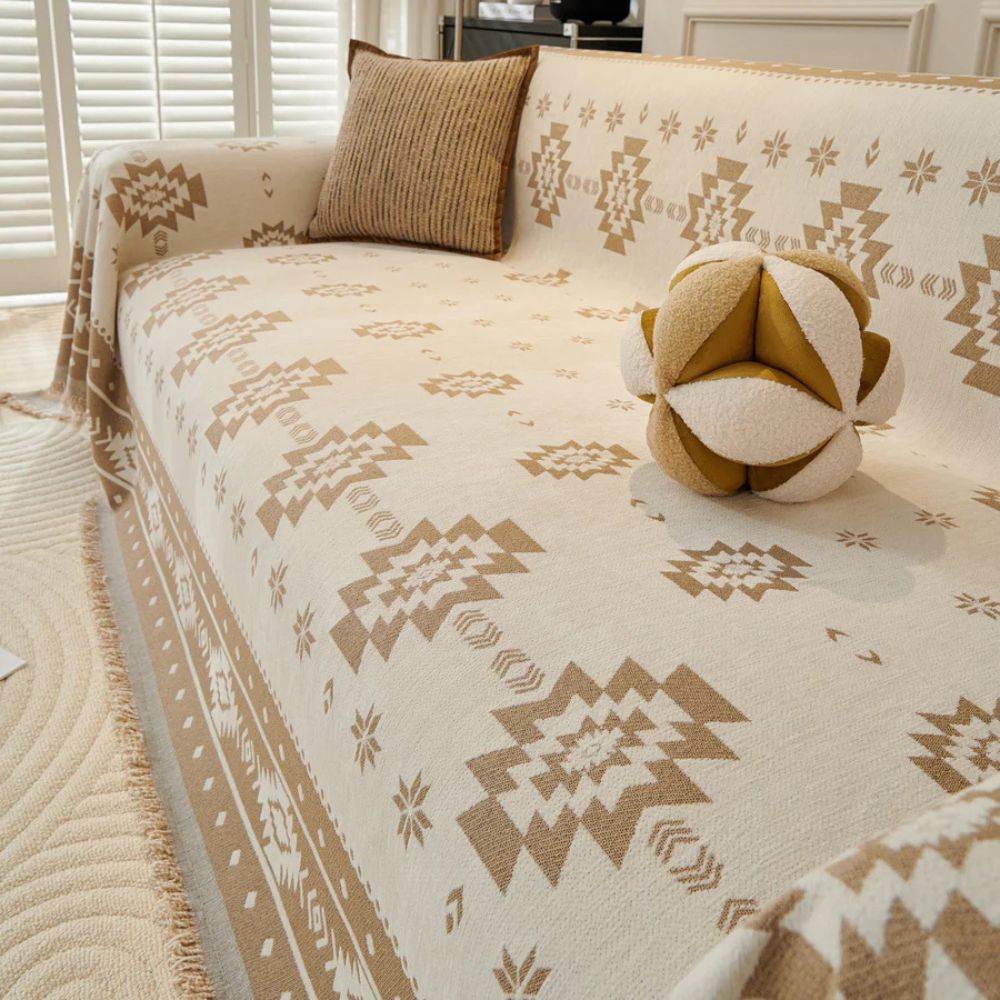 Stammesharmonie: Rivestimento per divano in motivo Boho-Tribal in morbido chenille con design reversibile – per divano e soggiorno