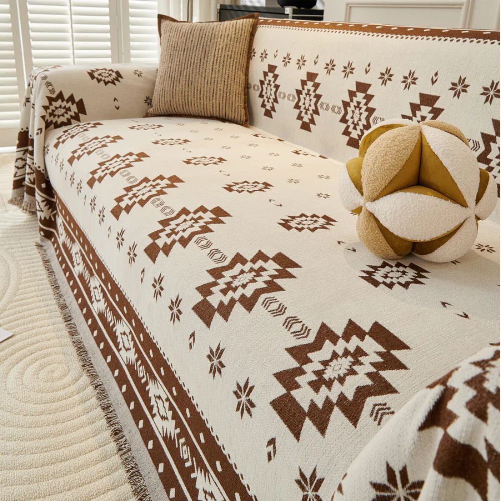 Stammesharmonie: Rivestimento per divano in motivo Boho-Tribal in morbido chenille con design reversibile – per divano e soggiorno