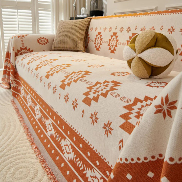 Stammesharmonie: Rivestimento per divano in motivo Boho-Tribal in morbido chenille con design reversibile – per divano e soggiorno