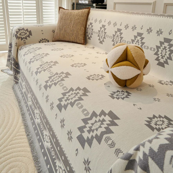 Stammesharmonie: Rivestimento per divano in motivo Boho-Tribal in morbido chenille con design reversibile – per divano e soggiorno
