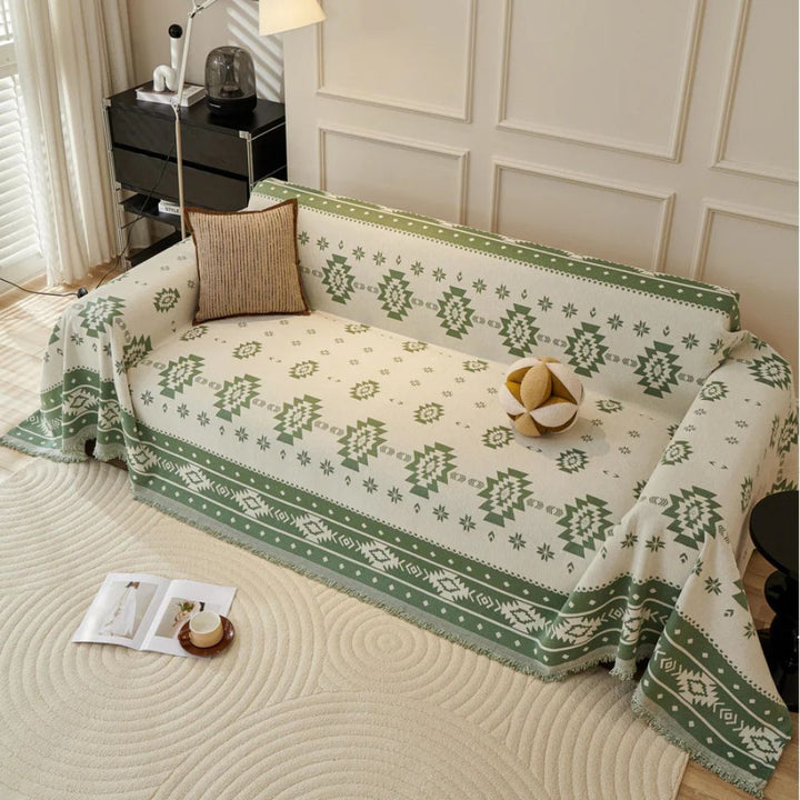 Stammesharmonie: Rivestimento per divano in motivo Boho-Tribal in morbido chenille con design reversibile – per divano e soggiorno