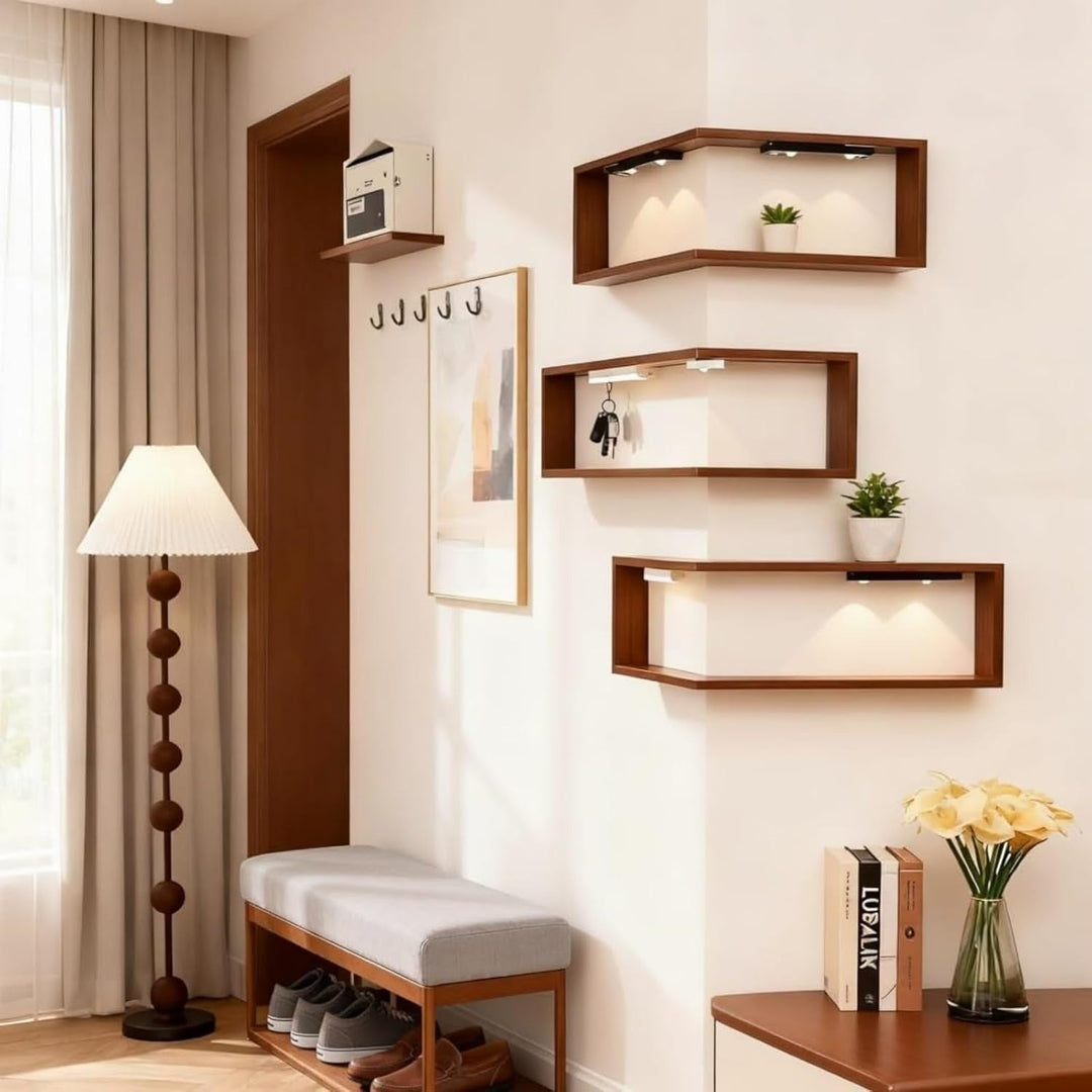 StilEcke: Mensole decorative da parete – 3 pezzi, multifunzionali e sospese in legno con funzione di illuminazione per il soggiorno