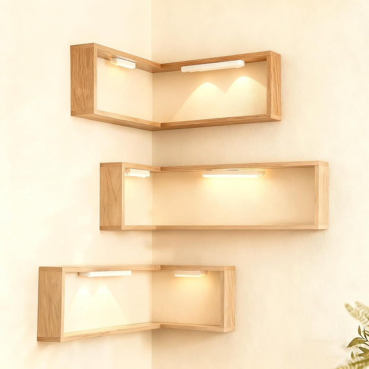 StilEcke: Mensole decorative da parete – 3 pezzi, multifunzionali e sospese in legno con funzione di illuminazione per il soggiorno