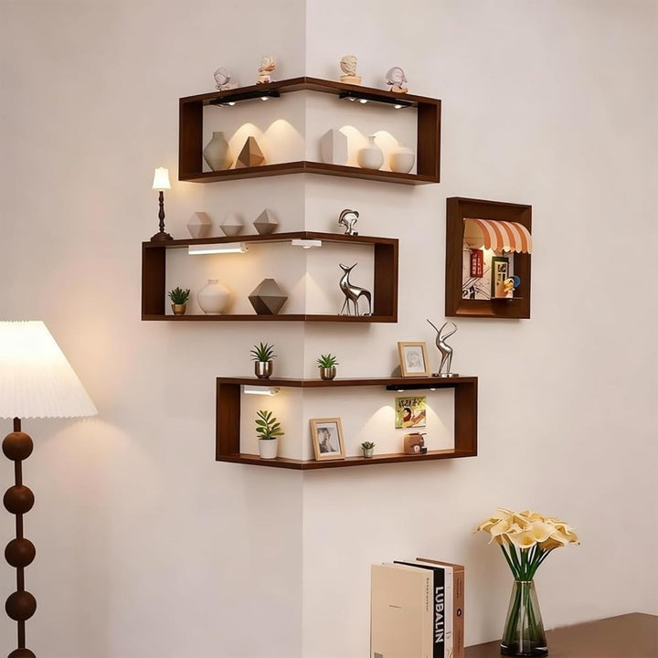 StilEcke: Mensole decorative da parete – 3 pezzi, multifunzionali e sospese in legno con funzione di illuminazione per il soggiorno
