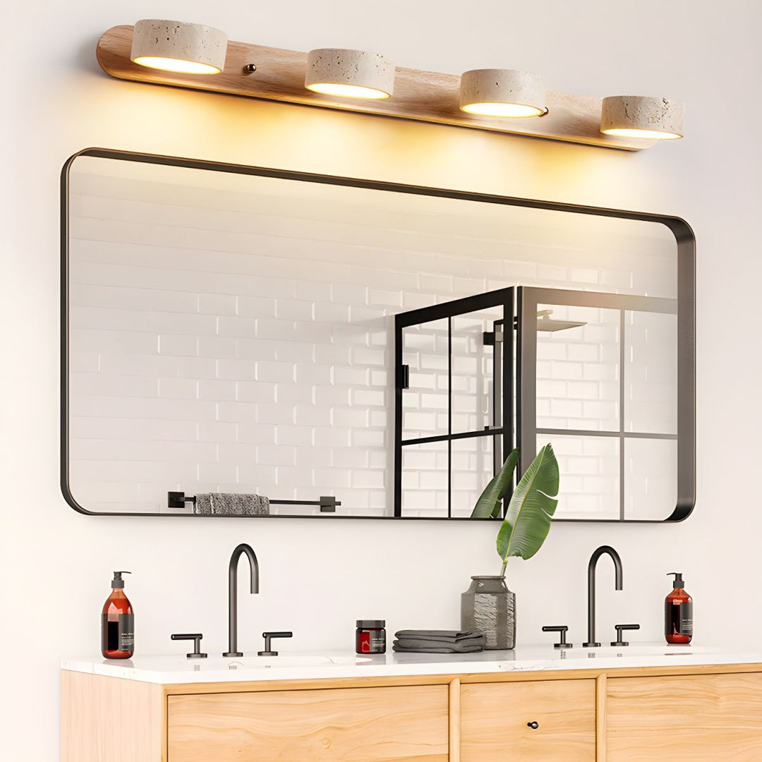 TerraBeam: Applique in Travertino con Legno – Lampada a Parete LED Moderna per Bagno e Corridoio