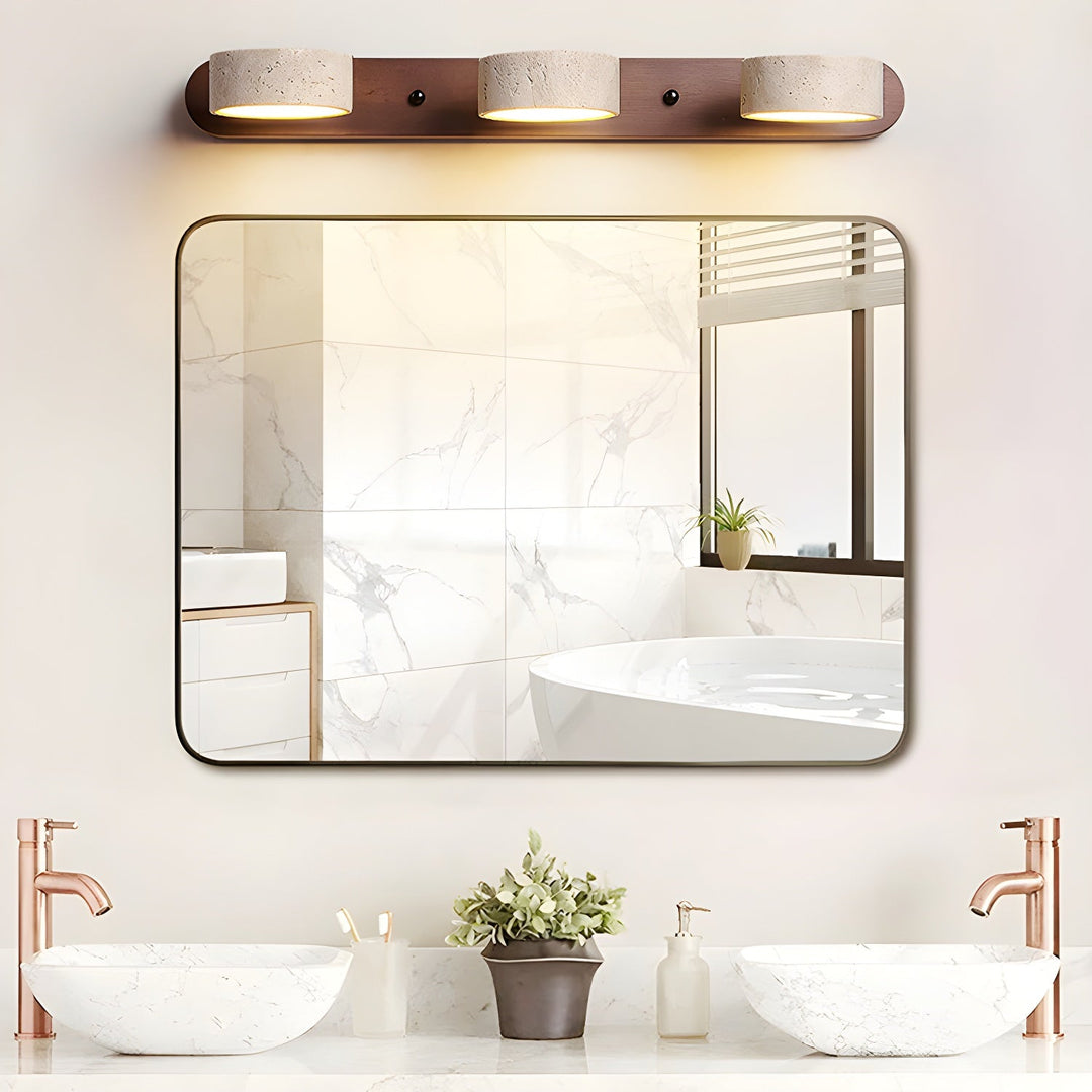 TerraBeam: Applique in Travertino con Legno – Lampada a Parete LED Moderna per Bagno e Corridoio