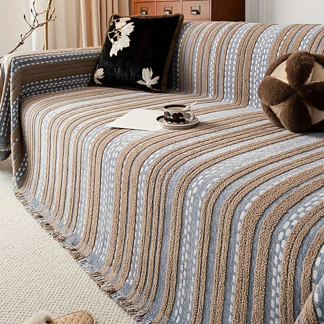 TerraStreifen: Copertura per divano in design a righe Boho in microfibra pelosa con comfort antiscivolo – per divano e daybed