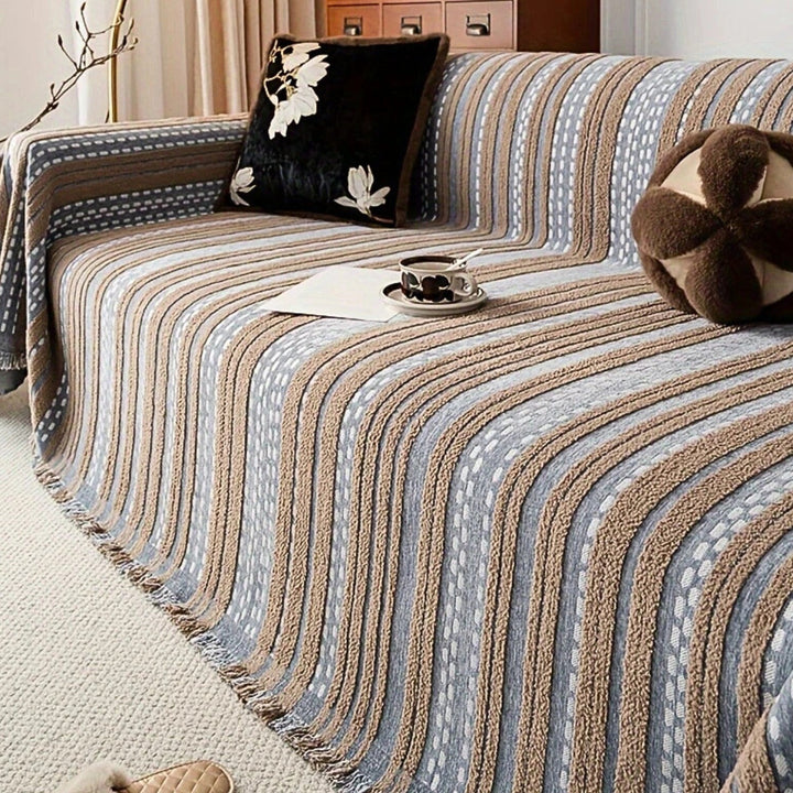 TerraStreifen: Copertura per divano in design a righe Boho in microfibra pelosa con comfort antiscivolo – per divano e daybed