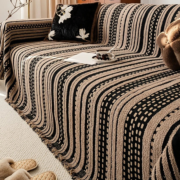 TerraStreifen: Copertura per divano in design a righe Boho in microfibra pelosa con comfort antiscivolo – per divano e daybed