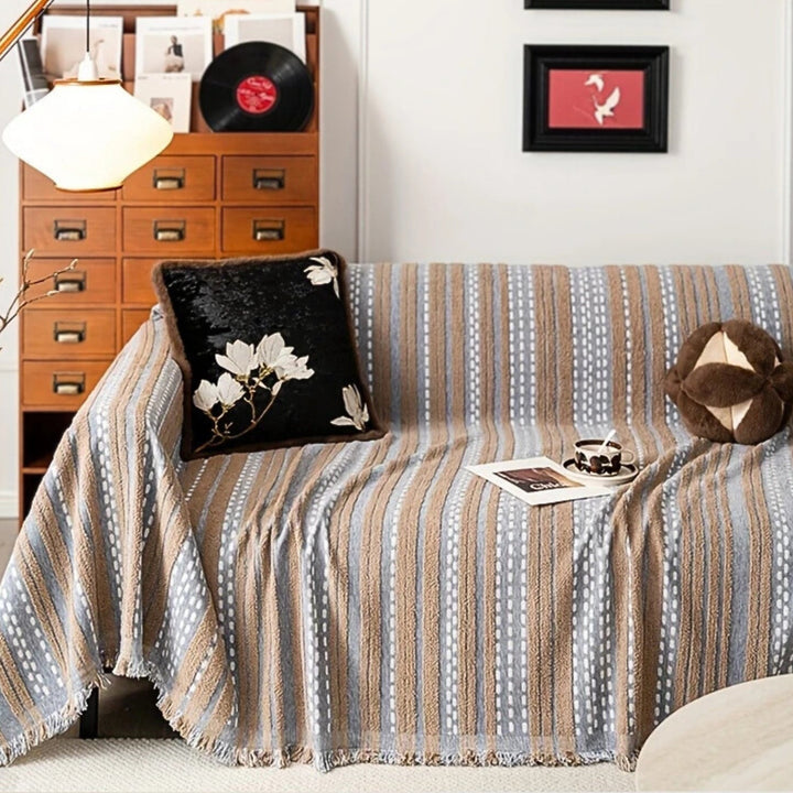 TerraStreifen: Copertura per divano in design a righe Boho in microfibra pelosa con comfort antiscivolo – per divano e daybed