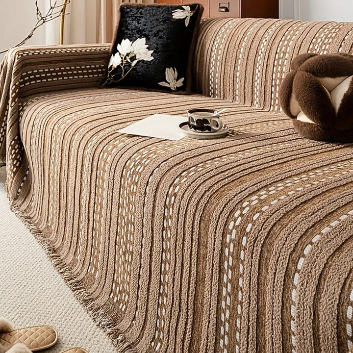 TerraStreifen: Copertura per divano in design a righe Boho in microfibra pelosa con comfort antiscivolo – per divano e daybed