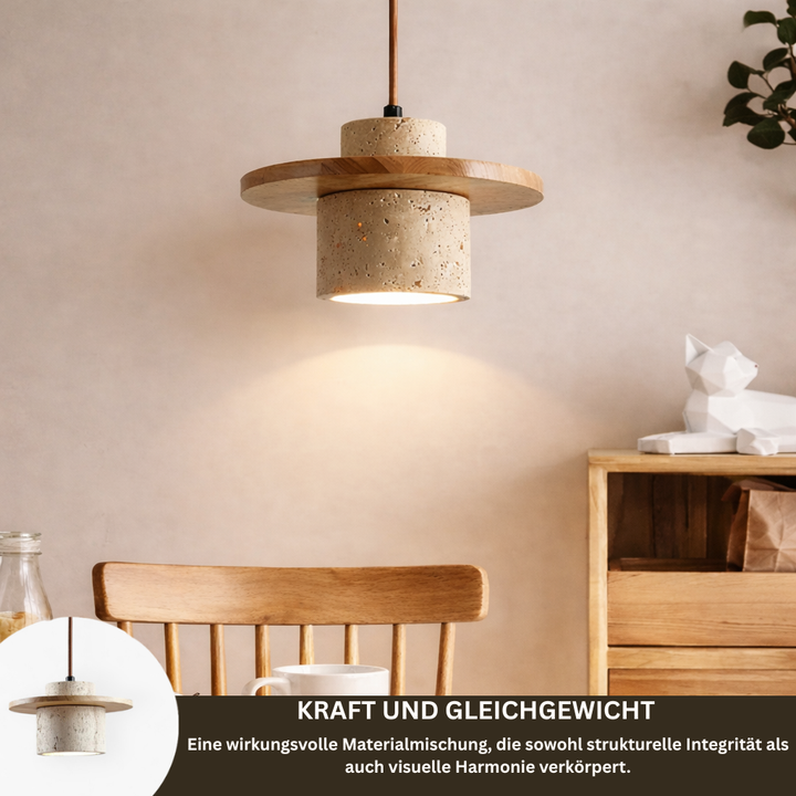 TravaroAtlas: Moderna lampada a sospensione in travertino naturale con dettaglio in legno di noce e luce LED bianco caldo – per sala da pranzo e soggiorno