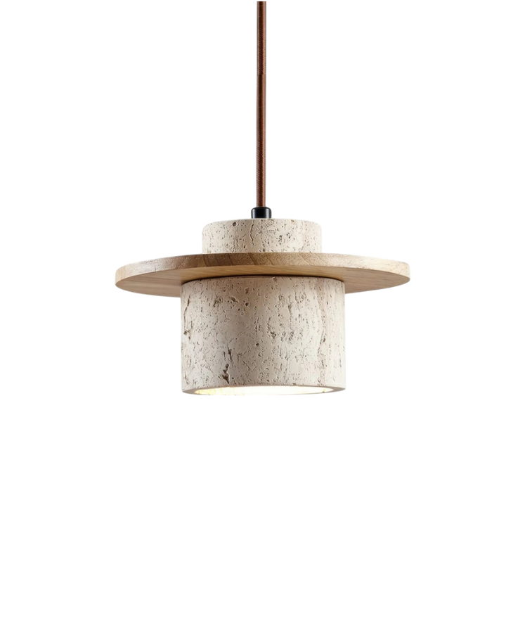 TravaroAtlas: Moderna lampada a sospensione in travertino naturale con dettaglio in legno di noce e luce LED bianco caldo – per sala da pranzo e soggiorno